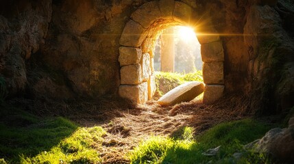 Poster - An empty tomb with a rolled-away stone and sunlight streaming in, symbolizing resurrection, with plenty of open copy space.
