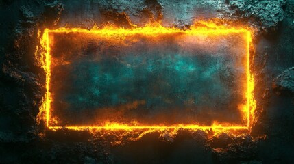 Poster - Neon green rectangular frame a glowing yellow laser border illuminating a dark gritty concrete backdrop with a striking fluorescent effect emphasizing modern urban design