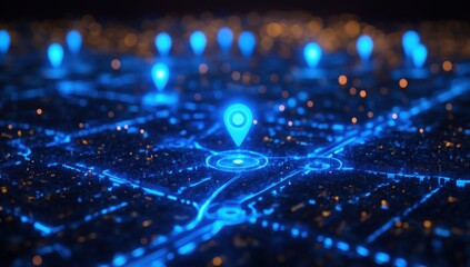 Poster - Vibrant Digital Map with Neon Blue Location Pins Indicating Points of Interest in a Futuristic Urban Environment at Night