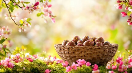 Poster - A basket of chocolate eggs surrounded by blooming spring flowers, with a sunny background and room for festive designs.