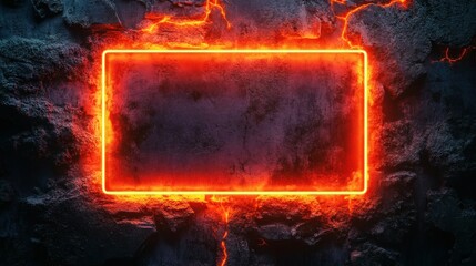 Poster - Neon orange rectangular frame radiating a warm glow set against a rough dark concrete background creating a contrast with its soft fluorescent edges in a futuristic urban setting