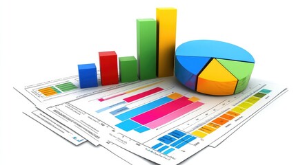 Poster - A business strategy plan featuring a pie chart, arrows, and financial documents, offering ample room for copy and branding space.