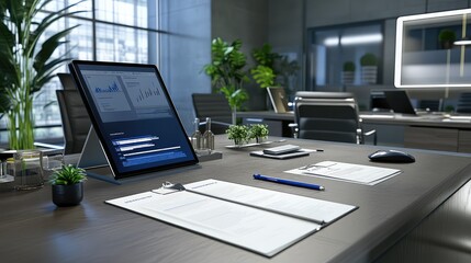 Poster - A clean desk with HR training books, recruitment materials, and a digital tablet showing HR statistics, leaving room for text.