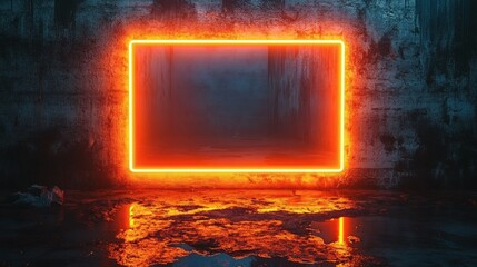Fototapete - Neon orange rectangular frame radiating a warm glow set against a rough dark concrete background creating a contrast with its soft fluorescent edges in a futuristic urban setting