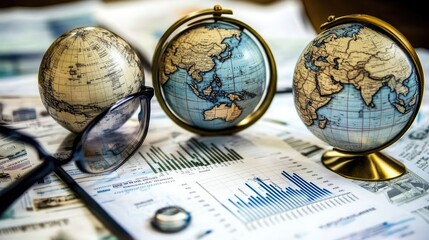 Poster - A close-up of an open business expansion report with global growth charts, financial documents, and office supplies, leaving space for text.