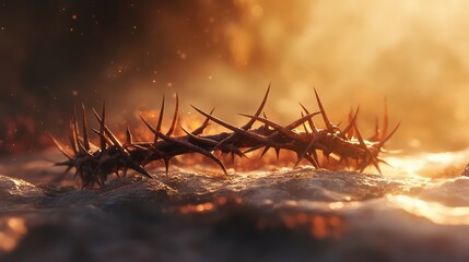 Poster - A close-up of a crown of thorns lying on a stone surface with soft natural light and a blurred background for copy space.