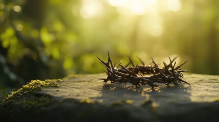 Poster - A close-up of a crown of thorns lying on a stone surface with soft natural light and a blurred background for copy space.