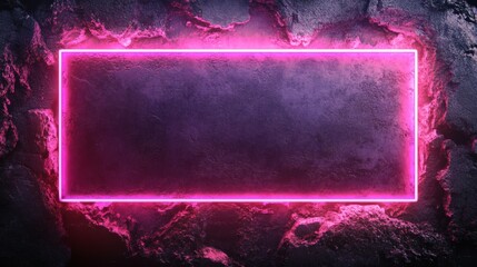 Poster - Neon pink rectangular frame glowing against dark concrete background with the sleek effect of a purple laser light creating a futuristic fluorescent atmosphere in the scene
