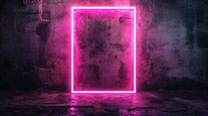 Fototapete - Neon pink rectangular frame glowing against dark concrete background with the sleek effect of a purple laser light creating a futuristic fluorescent atmosphere in the scene