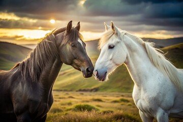 Naklejka na meble Black and White Horses: Minimalist Nature Contrast Stock Photo