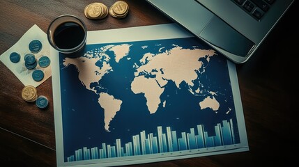 Poster - A corporate business expansion strategy plan with a world map and financial projections, placed on a desk with room for copy or branding.
