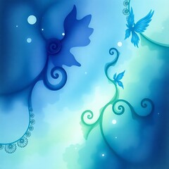 abstract blue fantasy background with butterflies and swirls.