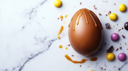 Poster - A cracked chocolate egg on a marble surface with golden caramel dripping out, surrounded by candy pieces and clean copy space.