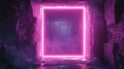 Poster - Neon purple rectangular frame deep pink laser accents illuminating a textured dark concrete backdrop creating a moody yet vibrant futuristic ambiance with bold fluorescent lighting