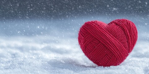 Wall Mural - A heart shaped yarn in a snowy backdrop. Winter romance decoration