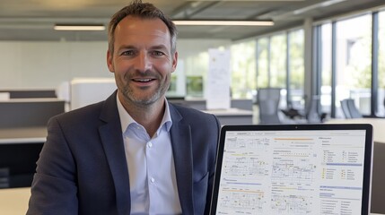 Poster - A digital tablet displaying HR management data, with organizational flowcharts and business documents on the desk, leaving space for text.