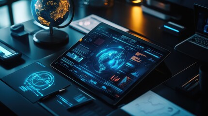 Poster - A digital tablet displaying business expansion data and growth projections, with a globe and strategic documents on a desk, offering room for text.