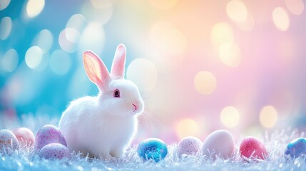 Poster - A festive Easter celebration scene with decorative eggs, bunny figurines, and a soft pastel backdrop, leaving space for text or designs.