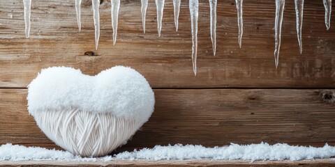 Wall Mural - Snow-covered heart-shaped yarn on wood background with icicles. Winter romance decoration