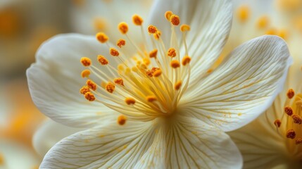 Detailed macro shot of a delicate white flower with vibrant yellow pollen, showcasing the intricate patterns and textures of nature's beauty in soft light