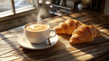 Canvas Print - A steaming cup of freshly brewed coffee, topped with a sprinkle of cinnamon, sits beside two golden croissants on a rustic wooden table, bathed in soft morning light.