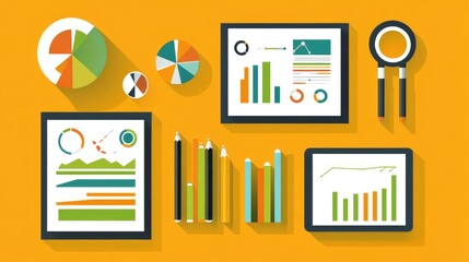 Poster - A flat lay of a business desk with a financial plan, digital tablet, and strategic diagram, leaving space for additional graphics.