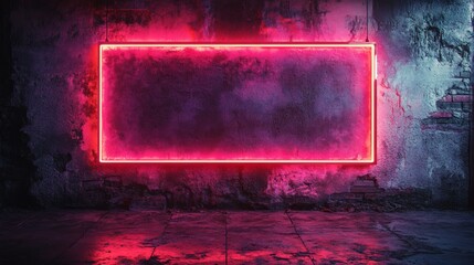 Poster - Neon red rectangular frame a vibrant magenta laser border casting sharp fluorescent reflections on a weathered concrete wall creating a sleek industrial yet modern ambiance