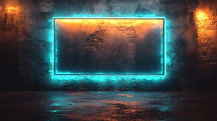 Poster - Neon teal rectangular frame glowing emerald laser borders shining against a rough dark concrete wall producing a cool sleek fluorescent look in an industrial setting
