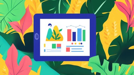 Poster - A flat lay showing business strategy documents and a tablet displaying growth charts, with open space for business text or graphics.