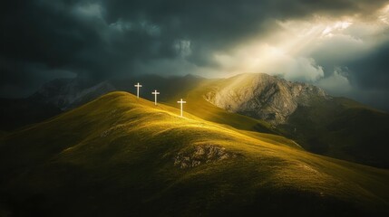 Poster - a hillside with three crosses illuminated by a single beam of light breaking through a stormy sky, s