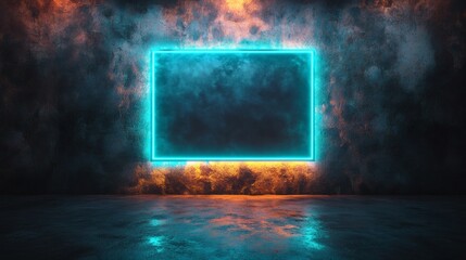 Poster - Neon teal rectangular frame glowing emerald laser borders shining against a rough dark concrete wall producing a cool sleek fluorescent look in an industrial setting