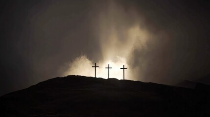 Poster - a hillside with three crosses illuminated by a single beam of light breaking through a stormy sky, s