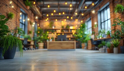 Poster - Modern Office Space with Abundant Greenery and Warm Lighting, Featuring Plants, Wooden Furniture, and Spacious Layout in a Stylish Industrial Setting