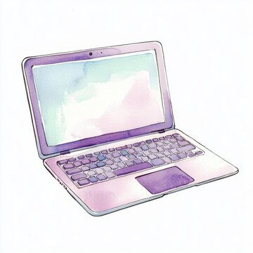 Watercolor computer art digital workspace illustration creative environment side view modern concept, isolated on white background