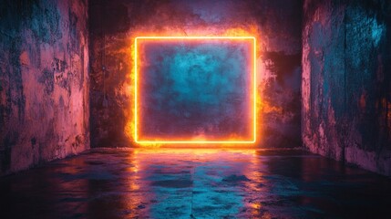 Poster - Neon teal rectangular frame glowing emerald laser borders shining against a rough dark concrete wall producing a cool sleek fluorescent look in an industrial setting