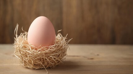 A pastel Easter egg nestled in a basket of straw, placed on a wooden surface with a minimalistic background and room for copy.