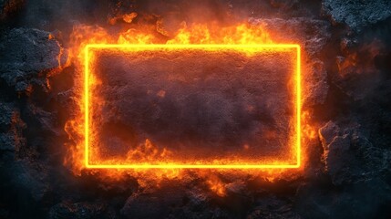 Fototapete - Neon yellow rectangular frame surrounded bright amber laser light casting a warm futuristic glow on a dark concrete background creating a radiant fluorescent effect