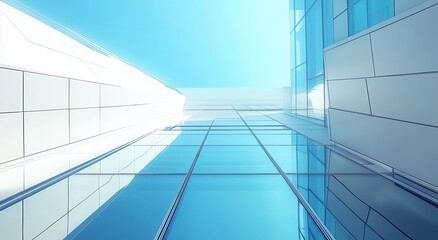 Poster - Abstract view of modern architecture with reflective glass and sleek lines under a vibrant blue sky, showcasing urban design and innovation in city landscapes.
