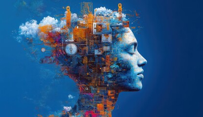 Poster - Artistic portrayal of human mind and technology merging, showcasing innovation, creativity, and the digital age with vibrant colors and abstract elements.
