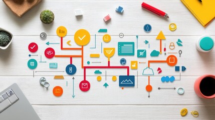 Poster - A strategy flowchart with arrows and icons, symbolizing business planning, on a clean desk, with ample space for copy or brand elements.