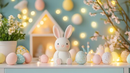 Poster - A whimsical Easter scene with bunny-shaped decorations, pastel eggs, and soft spring lighting, creating an inviting space for text.
