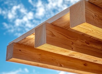 Poster - Close-Up View of Wooden Beams Against a Bright Blue Sky with Wispy Clouds Highlighting the Natural Texture and Grain of Timber in Daylight