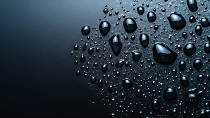 Poster - Realistic droplets of water a dark grey background highlighting the glossy texture of fresh dew on a sleek surface creating abstract liquid bubbles in a minimalist setting