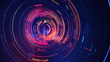 Poster - VIdeo with a cyberpunk-inspired digital realm with a futuristic art piece showcasing a central circular element surrounded by rings of glowing light in red and blue hues.