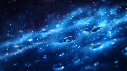 Poster - realistic water droplets scattered across deep blue background mimicking fresh dew on a cool surface