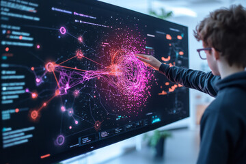 Aufkleber - A modern classroom scene where students engage with interactive digital displays showing dynamic mathematical models,