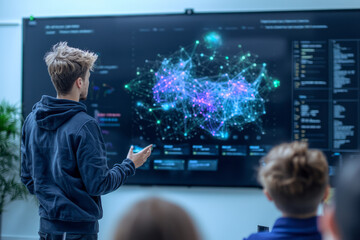 Poster - A modern classroom scene where students engage with interactive digital displays showing dynamic mathematical models,