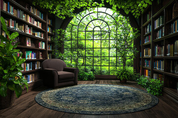 Poster - A peaceful library scene with shelves filled with mathematics books, a comfortable chair, and a large window letting in natural light,