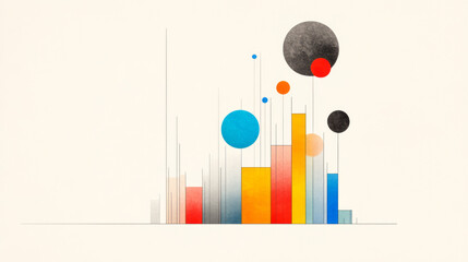 Poster - an abstract depiction of statistical data visualization, using colorful bar graphs, pie charts, and 