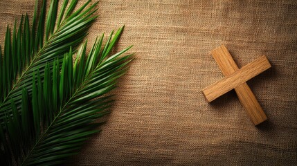 Poster - Palm fronds and a wooden cross lying on a burlap cloth, with soft light creating a contemplative mood and ample copy space.